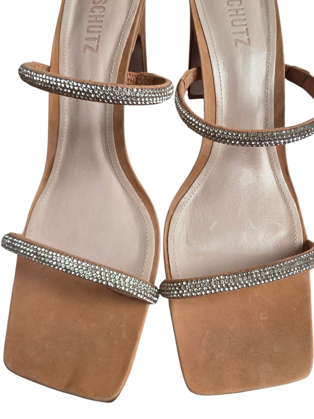 SCHUTZ Tan Suede Rhinestone-Embellished Square-Toe Heels